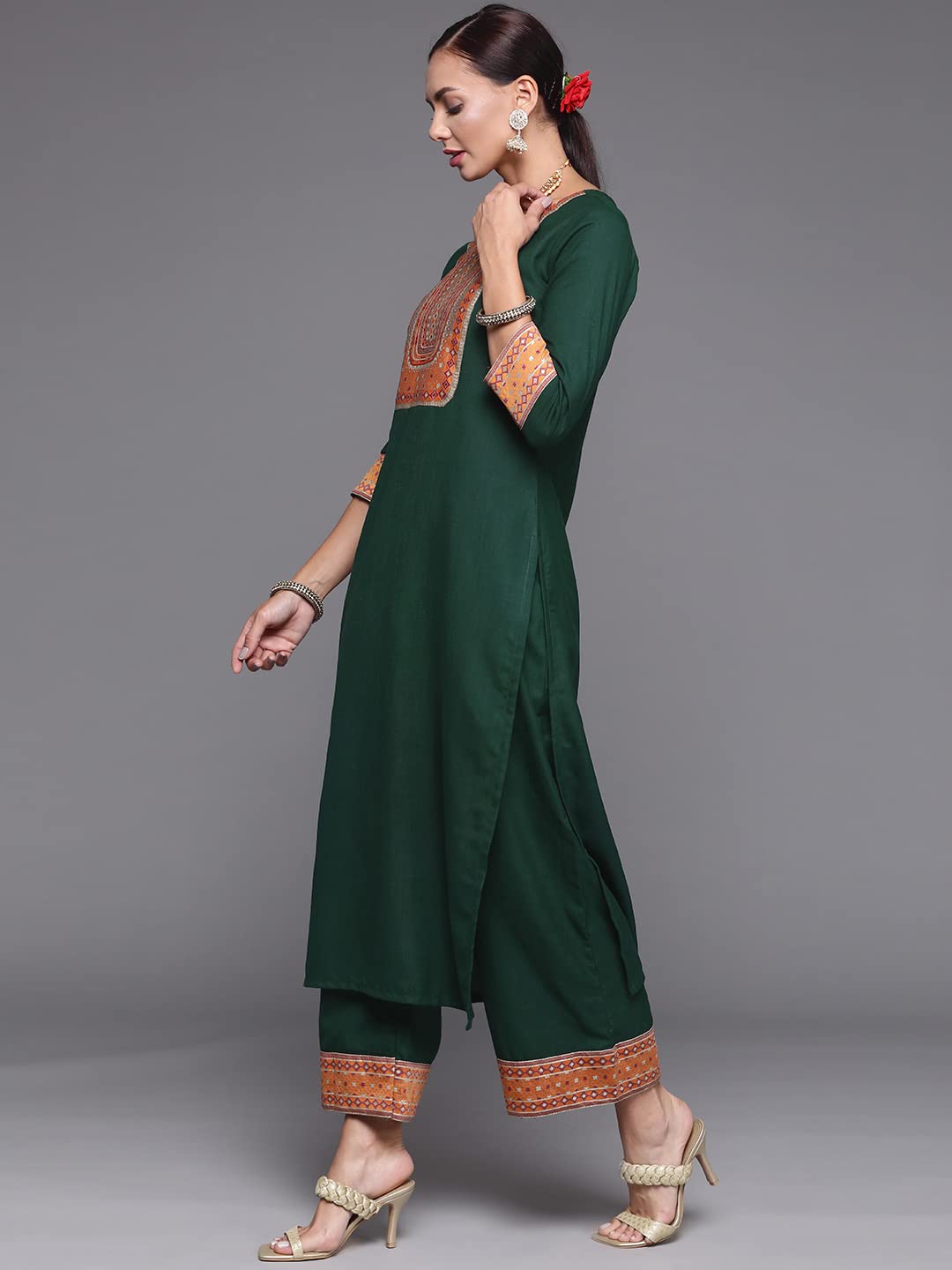 INDO ERA Women's Solid Cotton Blend Straight Kurta Palazzo With Dupatta Set