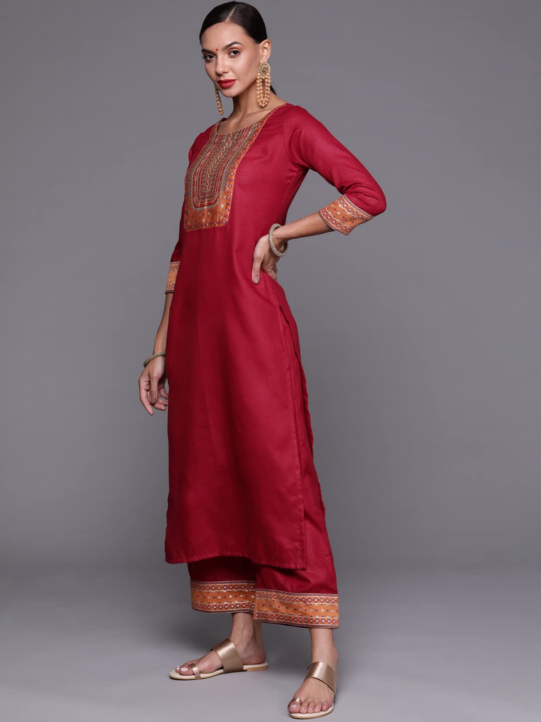 INDO ERA Women's Solid Cotton Blend Straight Kurta Palazzo With Dupatta Set