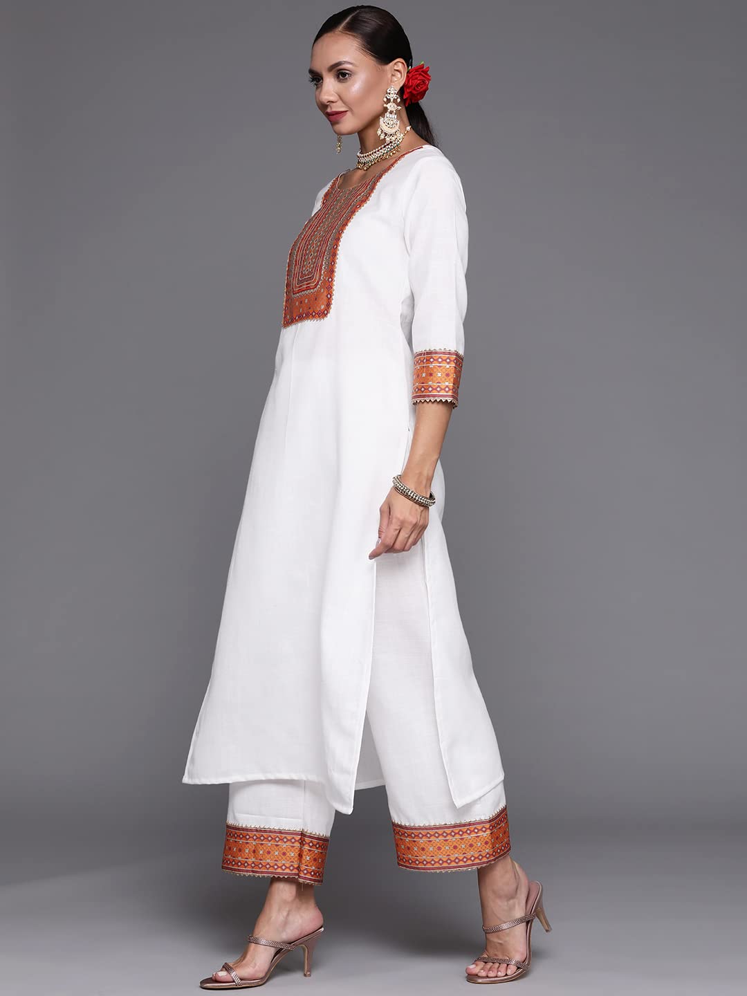 INDO ERA Women's Solid Cotton Blend Straight Kurta Palazzo With Dupatta Set