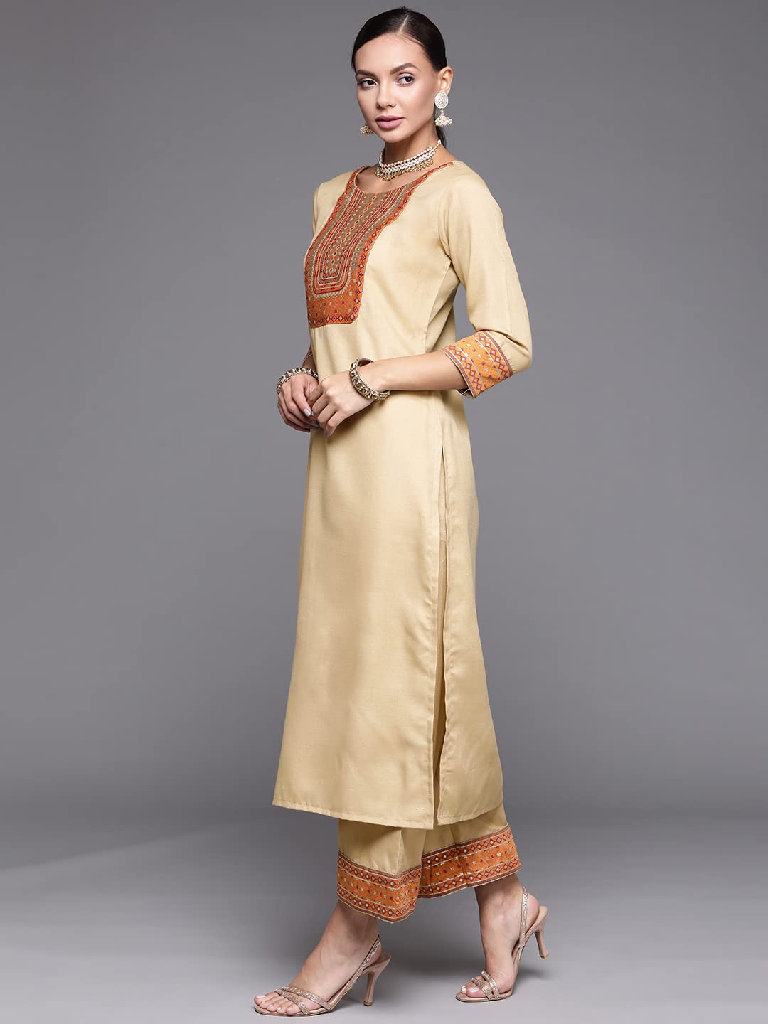 INDO ERA Women's Solid Cotton Blend Straight Kurta Palazzo With Dupatta Set