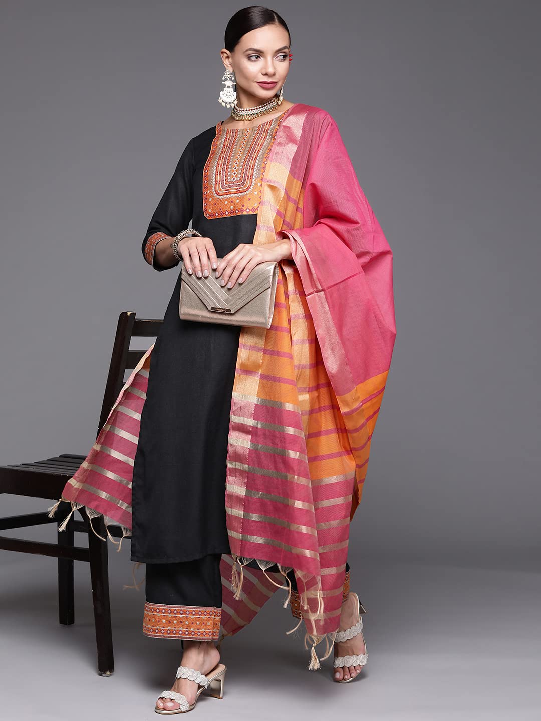 INDO ERA Women's Solid Cotton Blend Straight Kurta Palazzo With Dupatta Set