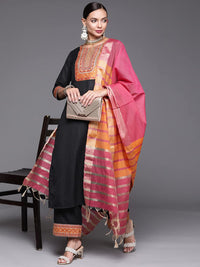 INDO ERA Women's Solid Cotton Blend Straight Kurta Palazzo With Dupatta Set