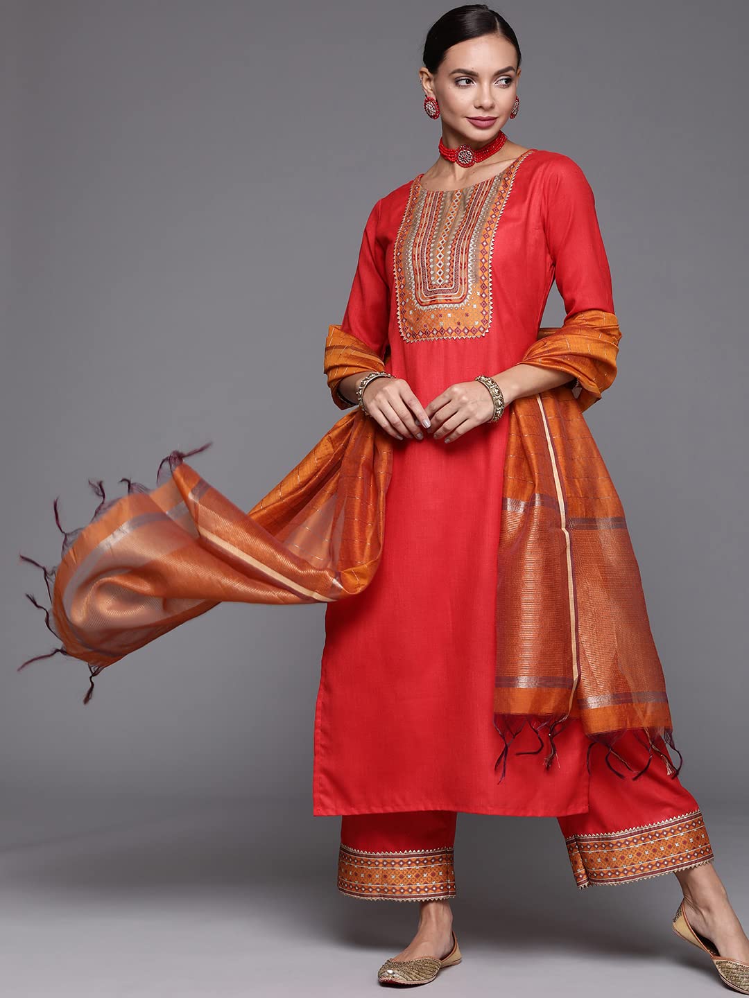 INDO ERA Women's Solid Cotton Blend Straight Kurta Palazzo With Dupatta Set
