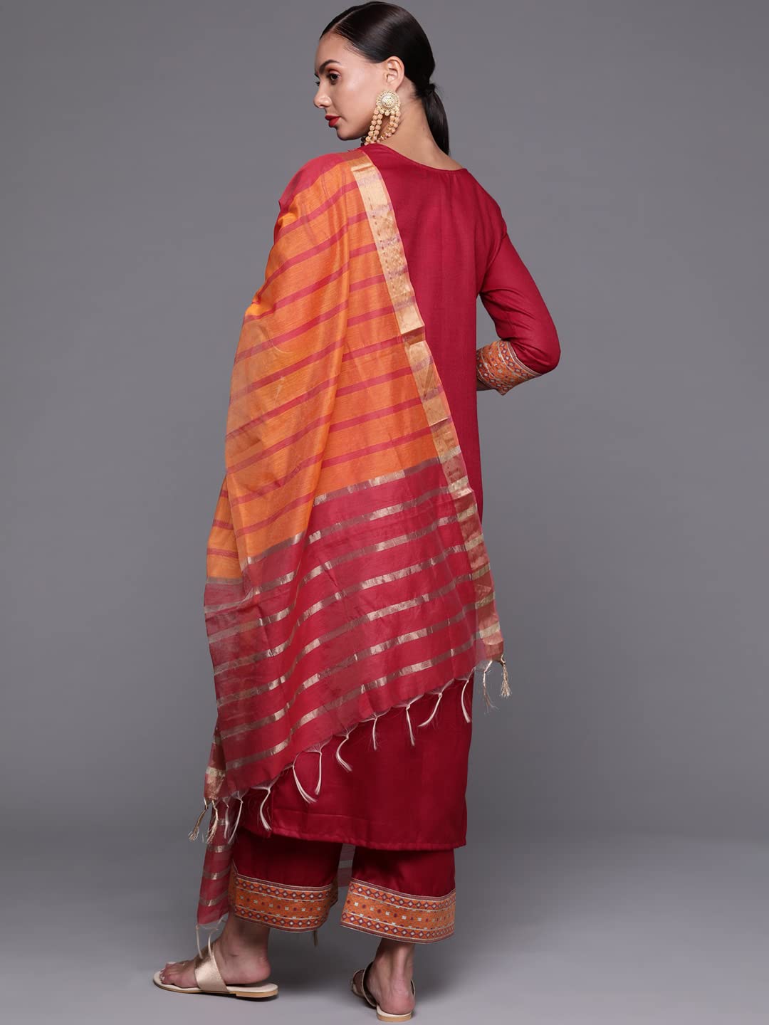 INDO ERA Women's Solid Cotton Blend Straight Kurta Palazzo With Dupatta Set