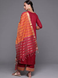 INDO ERA Women's Solid Cotton Blend Straight Kurta Palazzo With Dupatta Set