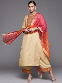 INDO ERA Women's Solid Cotton Blend Straight Kurta Palazzo With Dupatta Set