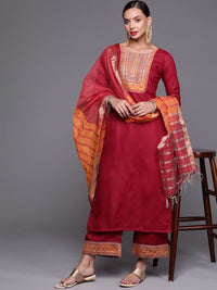 INDO ERA Women's Solid Cotton Blend Straight Kurta Palazzo With Dupatta Set