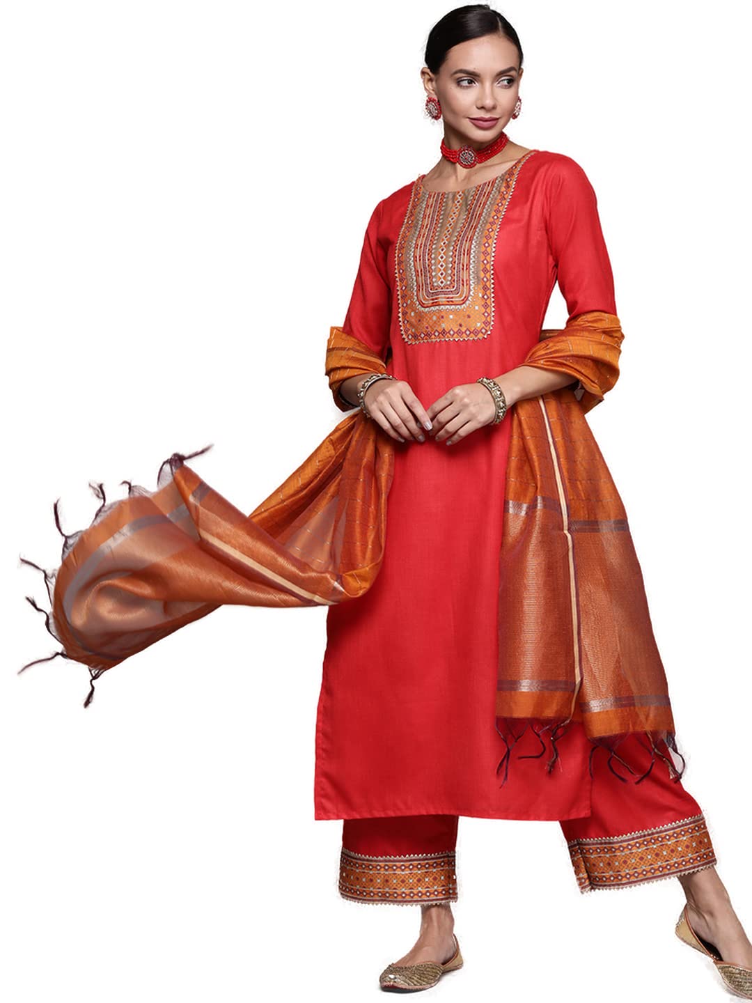 INDO ERA Women's Solid Cotton Blend Straight Kurta Palazzo With Dupatta Set