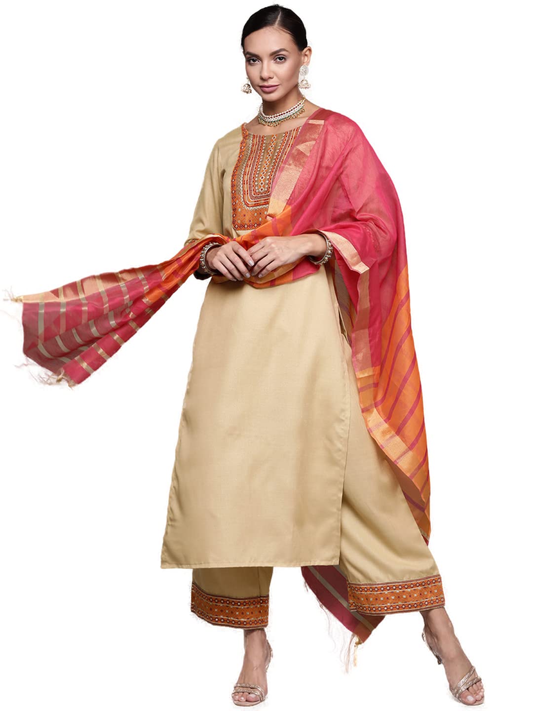 INDO ERA Women's Solid Cotton Blend Straight Kurta Palazzo With Dupatta Set