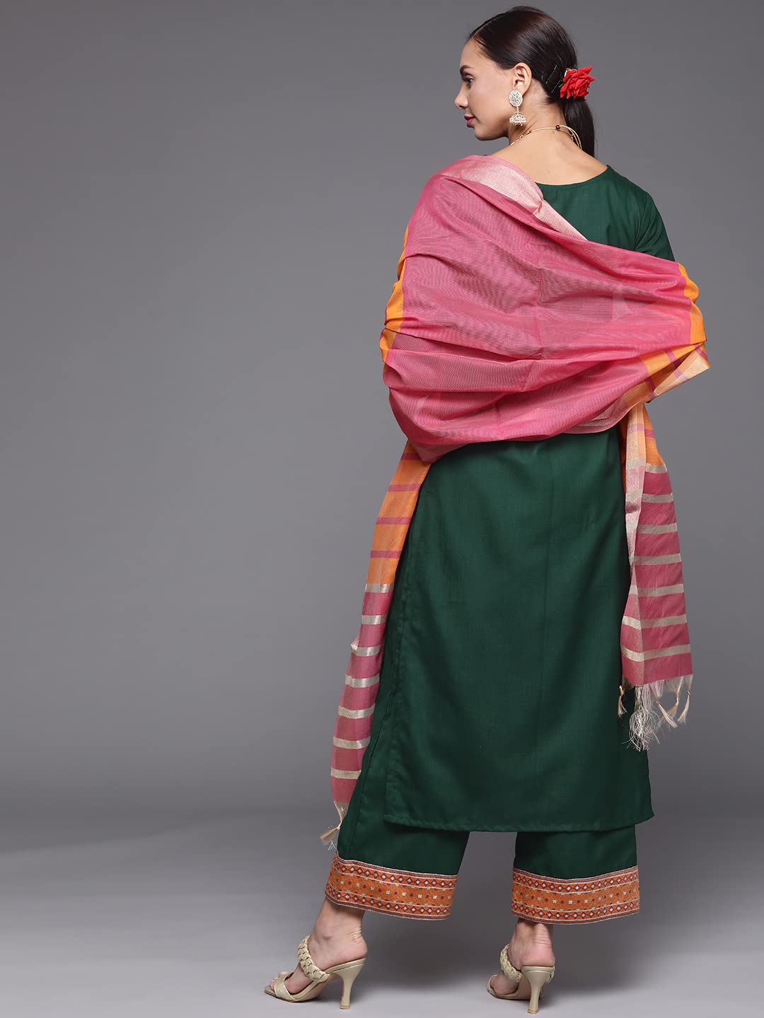 INDO ERA Women's Solid Cotton Blend Straight Kurta Palazzo With Dupatta Set