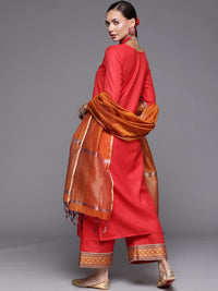 INDO ERA Women's Solid Cotton Blend Straight Kurta Palazzo With Dupatta Set