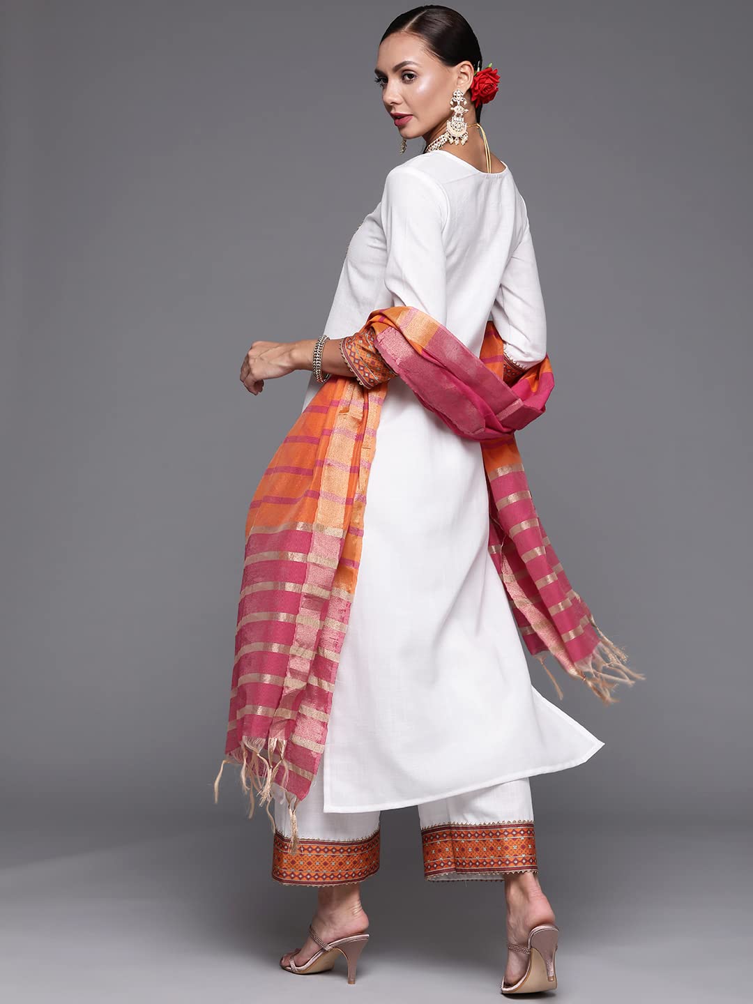 INDO ERA Women's Solid Cotton Blend Straight Kurta Palazzo With Dupatta Set