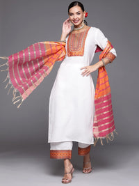 INDO ERA Women's Solid Cotton Blend Straight Kurta Palazzo With Dupatta Set