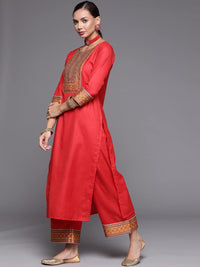 INDO ERA Women's Solid Cotton Blend Straight Kurta Palazzo With Dupatta Set