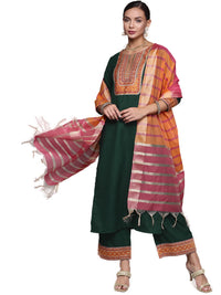 INDO ERA Women's Solid Cotton Blend Straight Kurta Palazzo With Dupatta Set