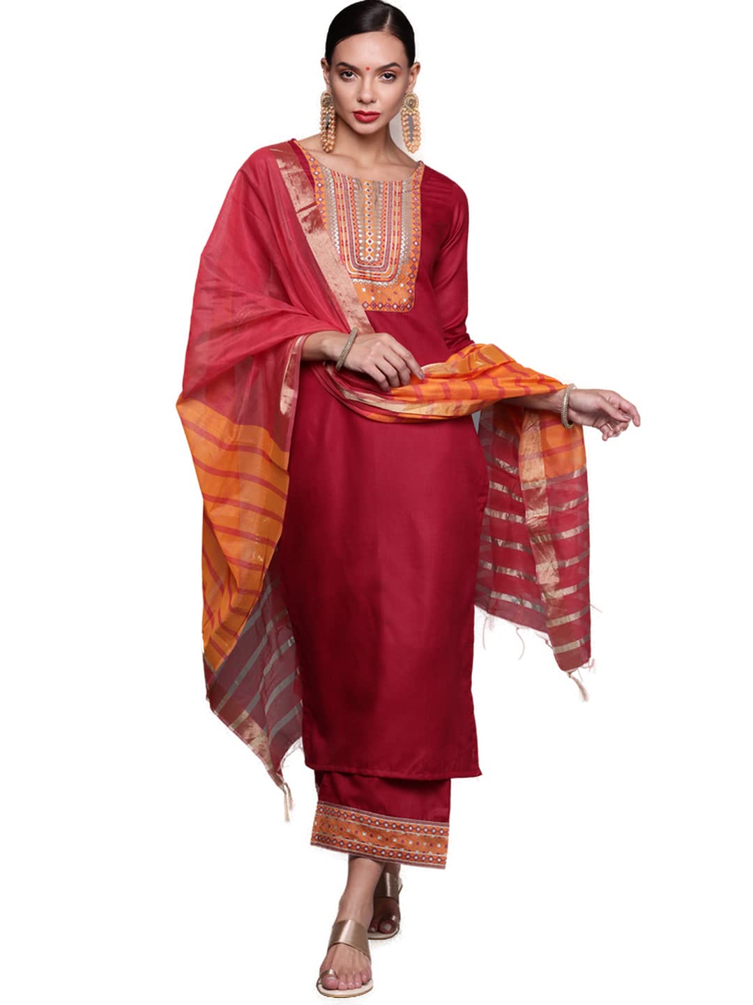 INDO ERA Women's Solid Cotton Blend Straight Kurta Palazzo With Dupatta Set