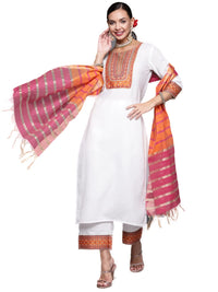 INDO ERA Women's Solid Cotton Blend Straight Kurta Palazzo With Dupatta Set