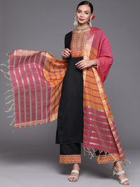 INDO ERA Women's Solid Cotton Blend Straight Kurta Palazzo With Dupatta Set