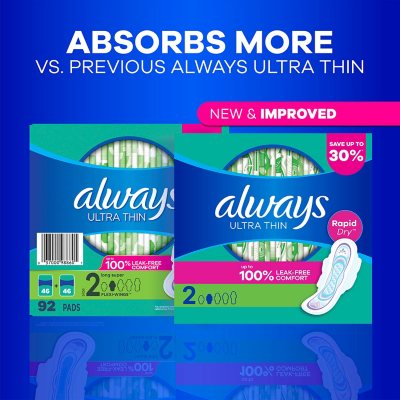Always Ultra Thin Long Super Pads with Wings, Size 2, 92 Ct.