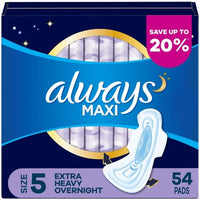 Always Maxi Extra Heavy Overnight Pads with Flex-Wings, Unscented, Size 5, 54 Ct.