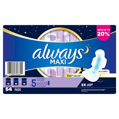 Always Maxi Extra Heavy Overnight Pads with Flex-Wings, Unscented, Size 5, 54 Ct.