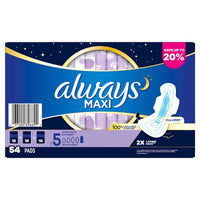 Always Maxi Extra Heavy Overnight Pads with Flex-Wings, Unscented, Size 5, 54 Ct.