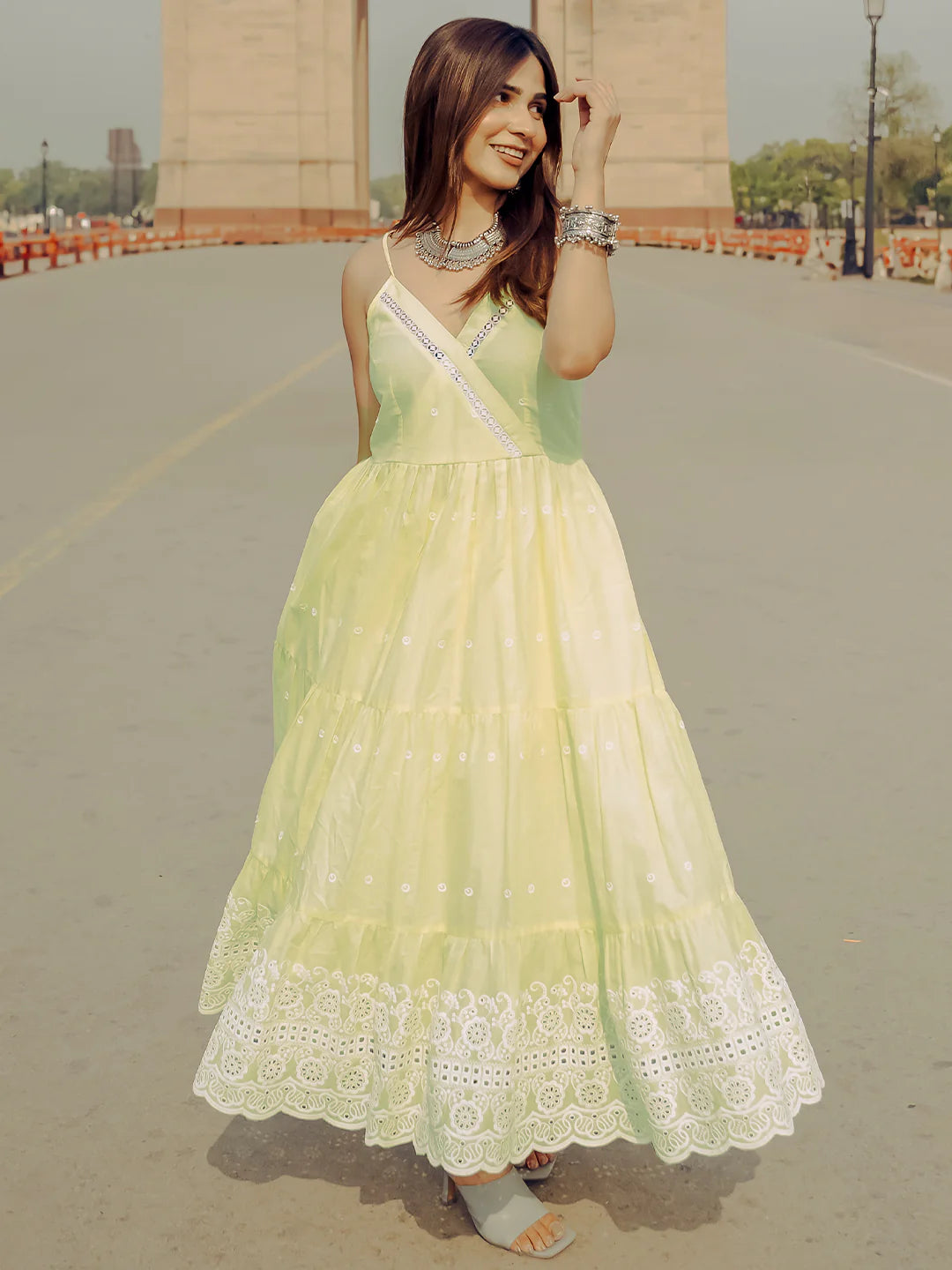 The Kiara Cut Yellow Self Design Cotton Anarkali Kurta with Trousers