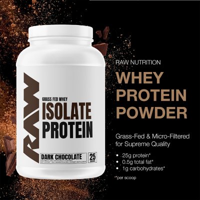 RAW 25G Grass Fed Whey Isolate Protein Powder, Dark Chocolate, 1.97 Lbs.