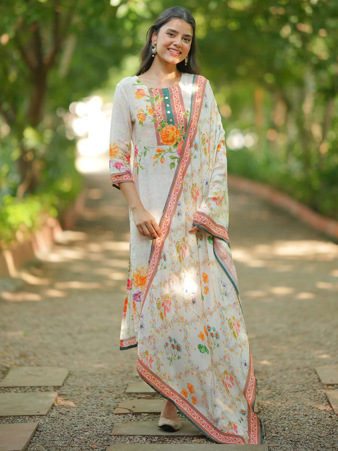 Off White Printed Muslin Straight Suit with Dupatta