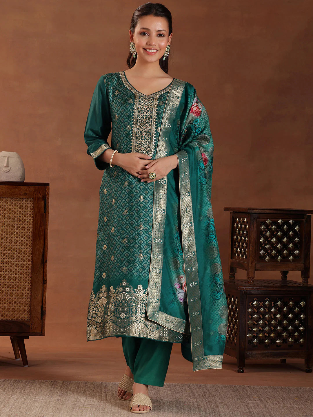 Green Printed Silk Blend Straight Suit with Dupatta