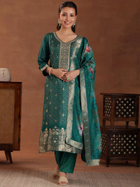 Green Printed Silk Blend Straight Suit with Dupatta
