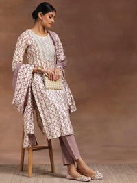 Off White Printed Silk Blend Straight Suit with Dupatta