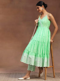 The Kiara Cut Green Self Design Cotton Anarkali Kurta with Trousers