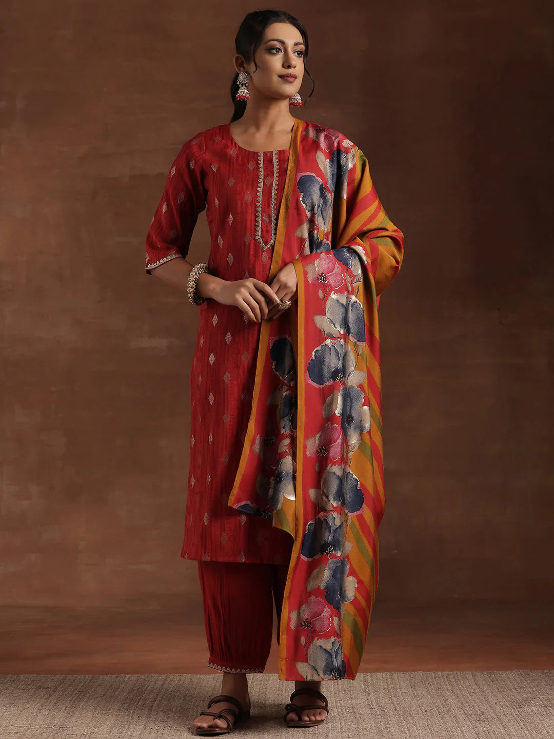 Red Woven Design Silk Blend Straight Suit with Dupatta