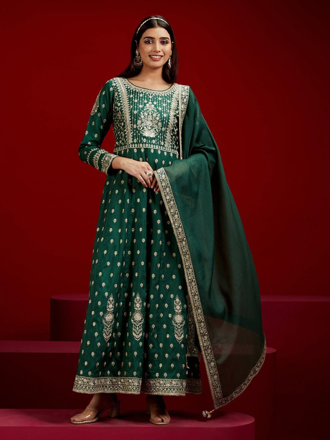 Libas Art Bottle Green Embroidered Silk A-Line Kurta with Trousers & Dupatta