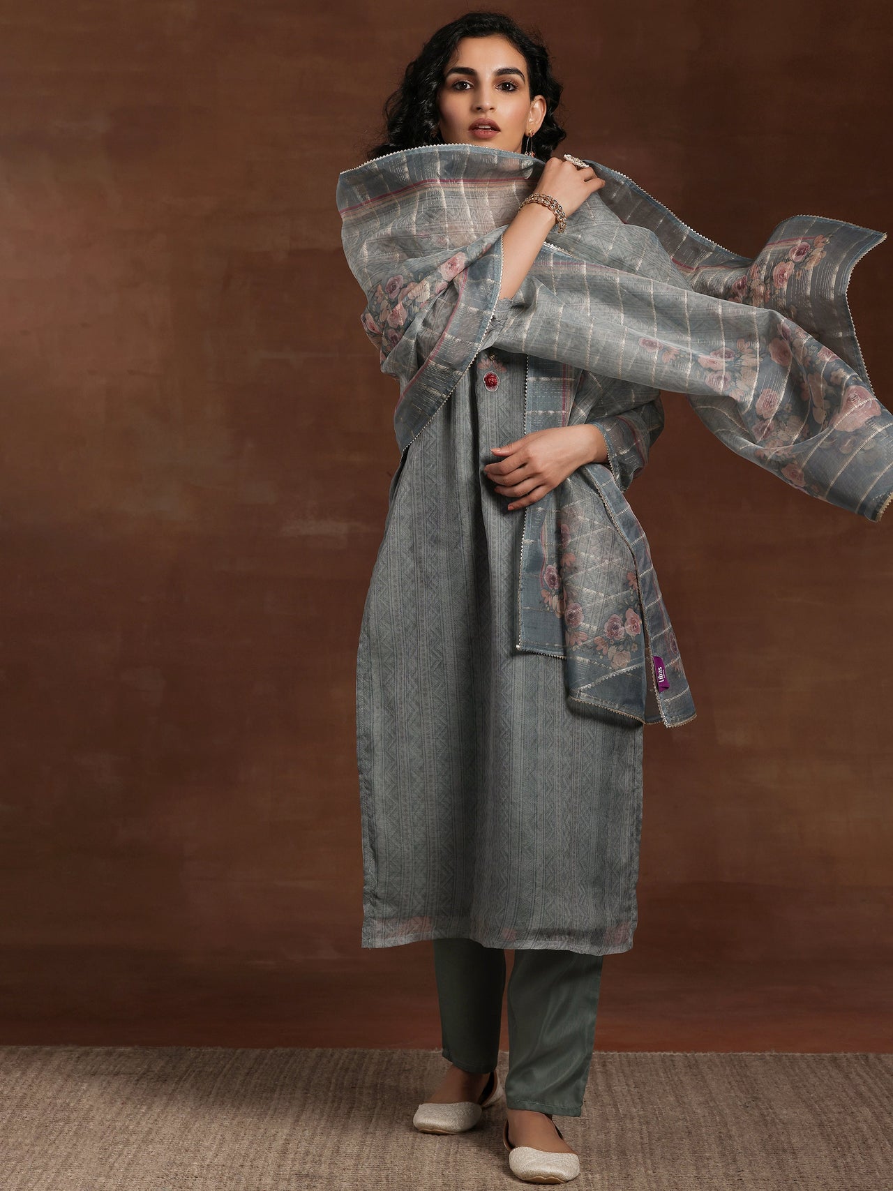 Green Printed Organza Straight Suit with Dupatta