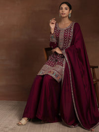 Adaa Wine Embroidered Silk Blend Straight Kurta with Palazzos & Dupatta