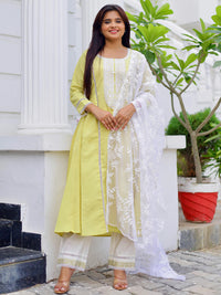 Green Embroidered Silk Blend A-Line Kurta with Trousers & Dupatta