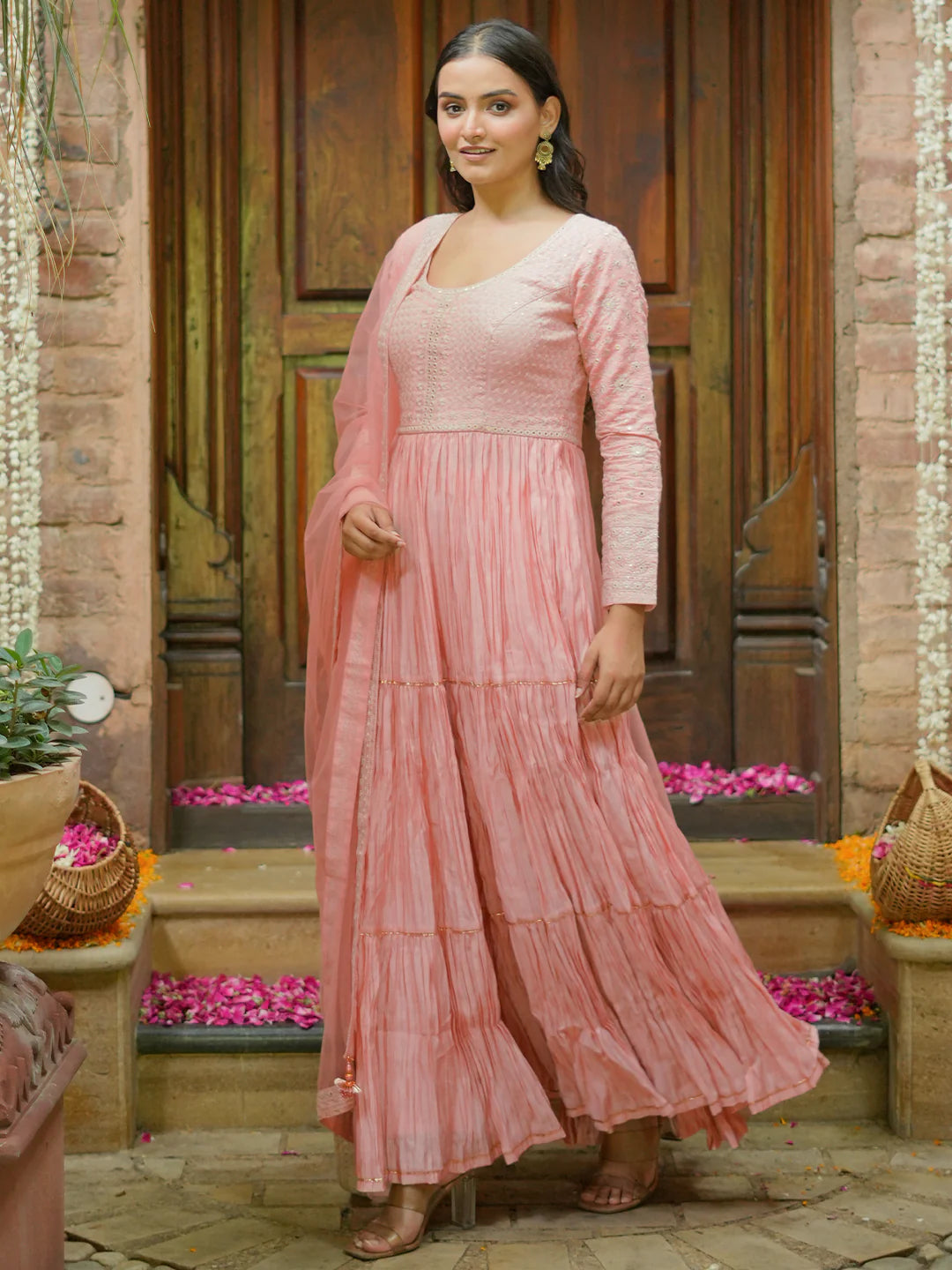 Libas Art Peach Embroidered Cotton Blend A-Line Kurta with Trousers & Dupatta