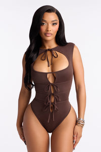 Fashion Nova Mona Front Tie Cheeky Bodysuit Teddy - Chocolate