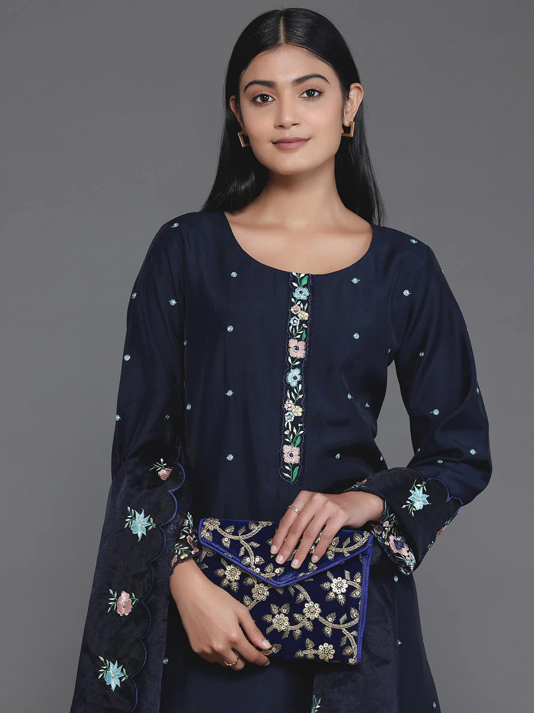 Blue Embroidered Silk Blend Straight Suit with Dupatta