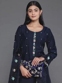 Blue Embroidered Silk Blend Straight Suit with Dupatta