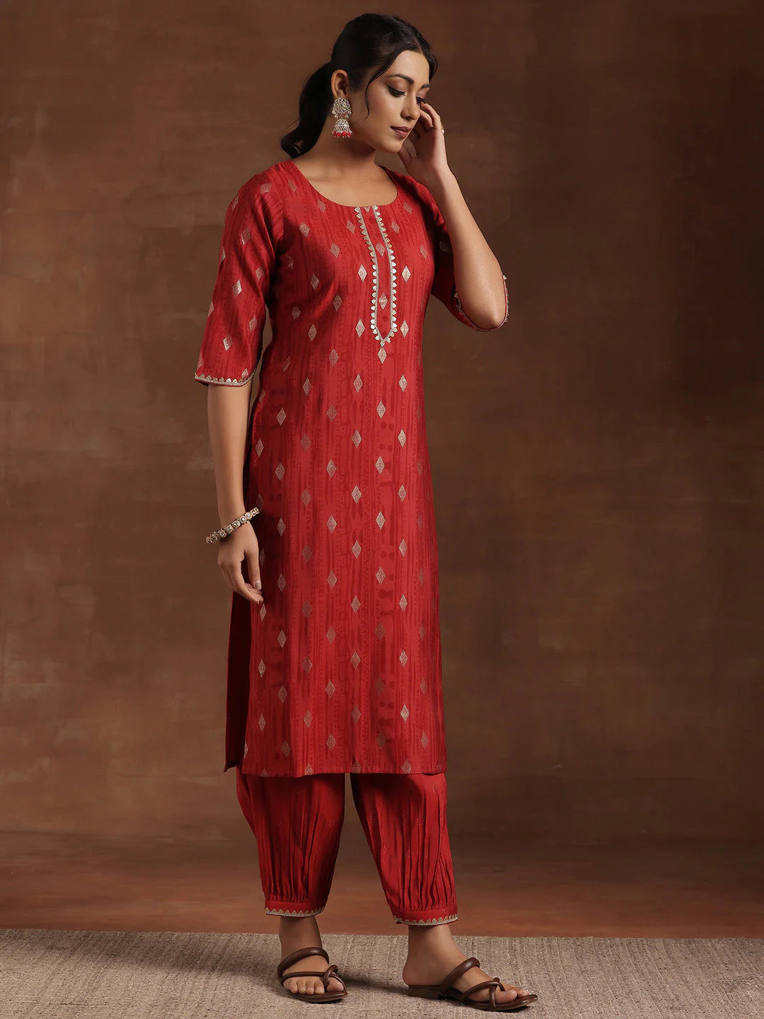 Red Woven Design Silk Blend Straight Suit with Dupatta