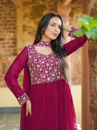 Libas Art Pink Embroidered Georgette A-Line Kurta with Sharara & Dupatta