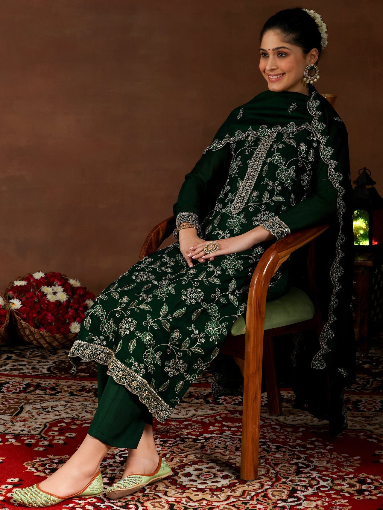 Green Embroidered Silk Blend Straight Suit with Dupatta