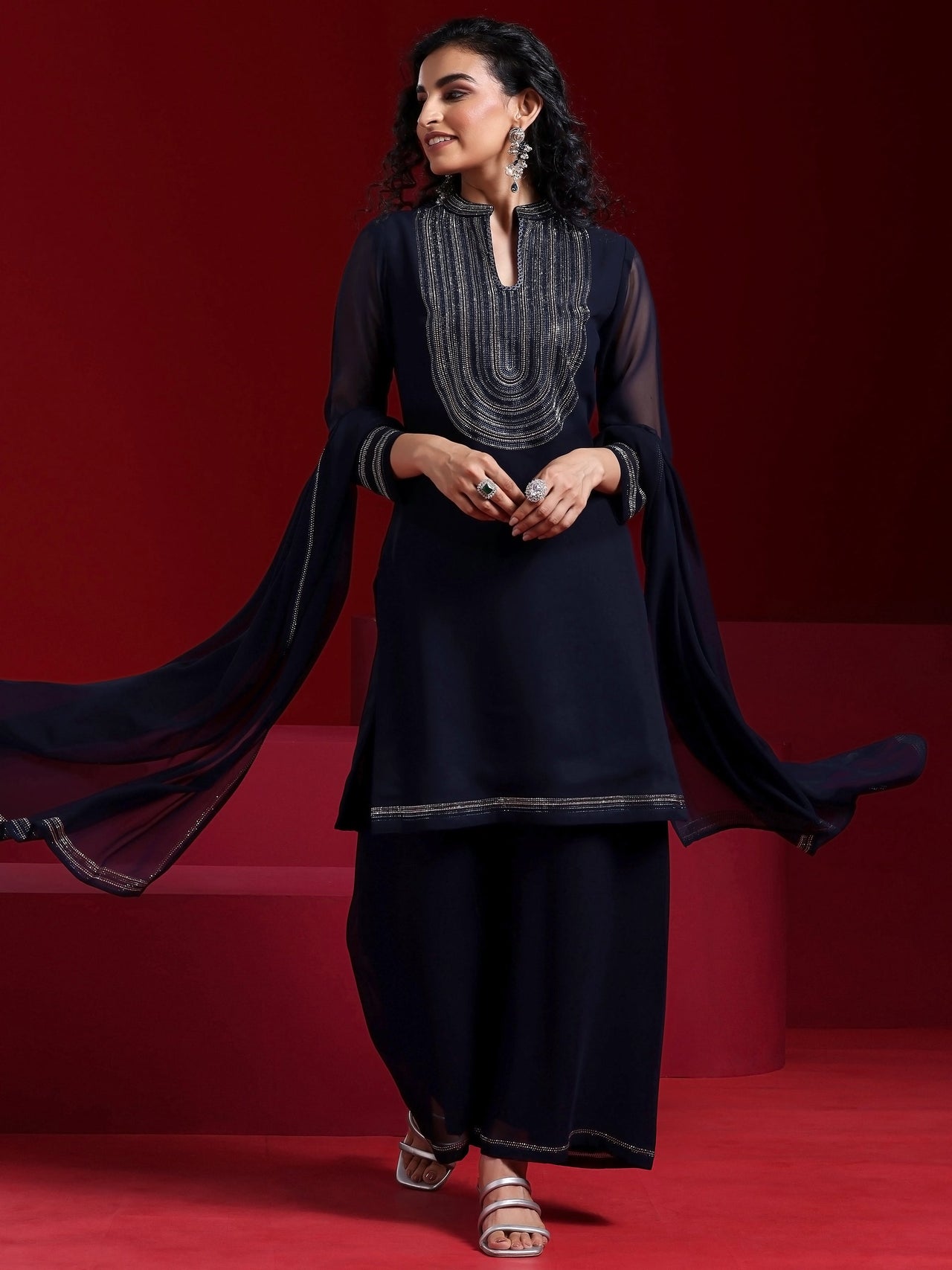 Libas Art Blue Yoke Design Georgette Straight Suit with Dupatta