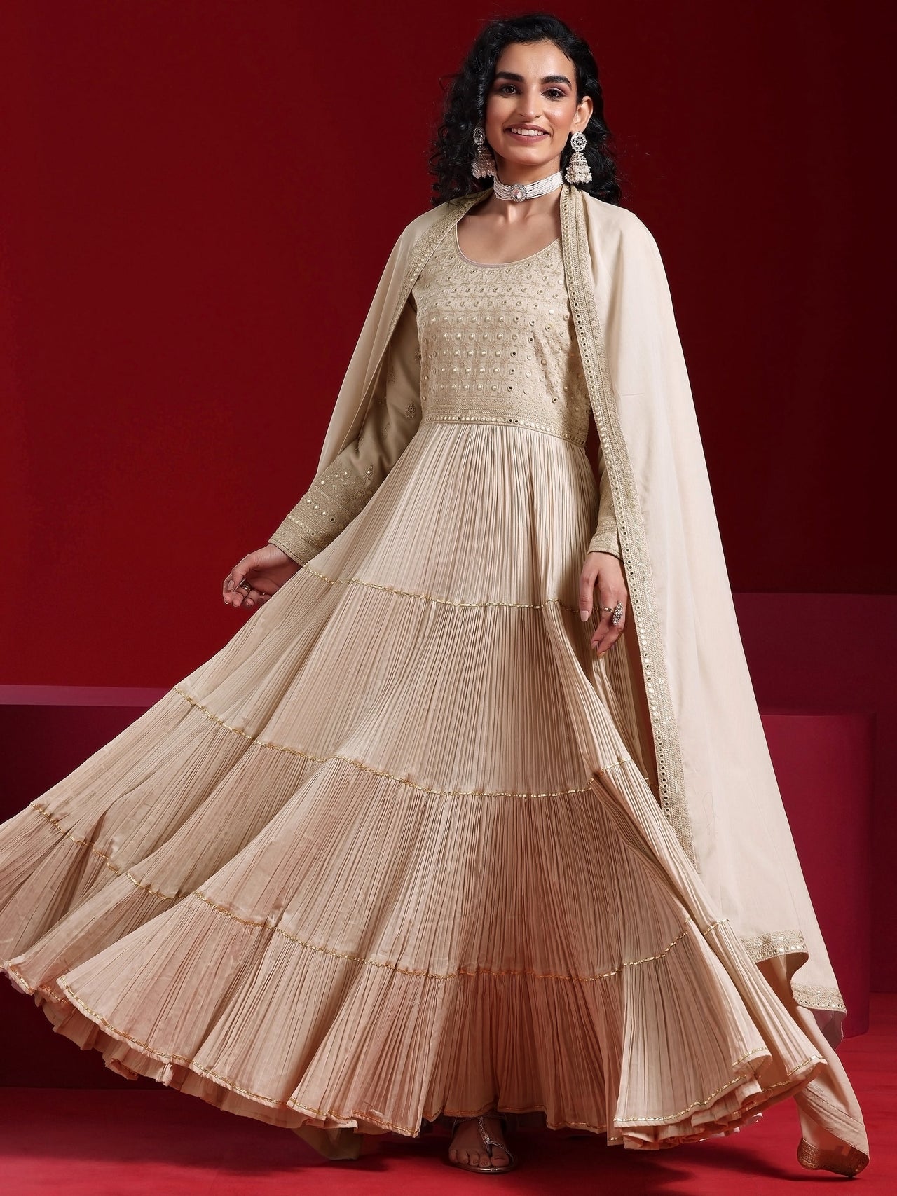 Libas Art Grey Embroidered Cotton Blend A-Line Kurta with Trousers & Dupatta