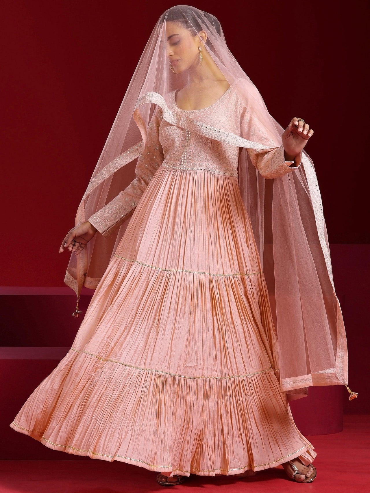 Libas Art Peach Embroidered Cotton Blend A-Line Kurta with Trousers & Dupatta