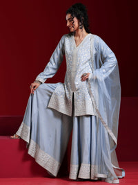 Libas Art Grey Embroidered Silk Blend Straight Suit with Dupatta