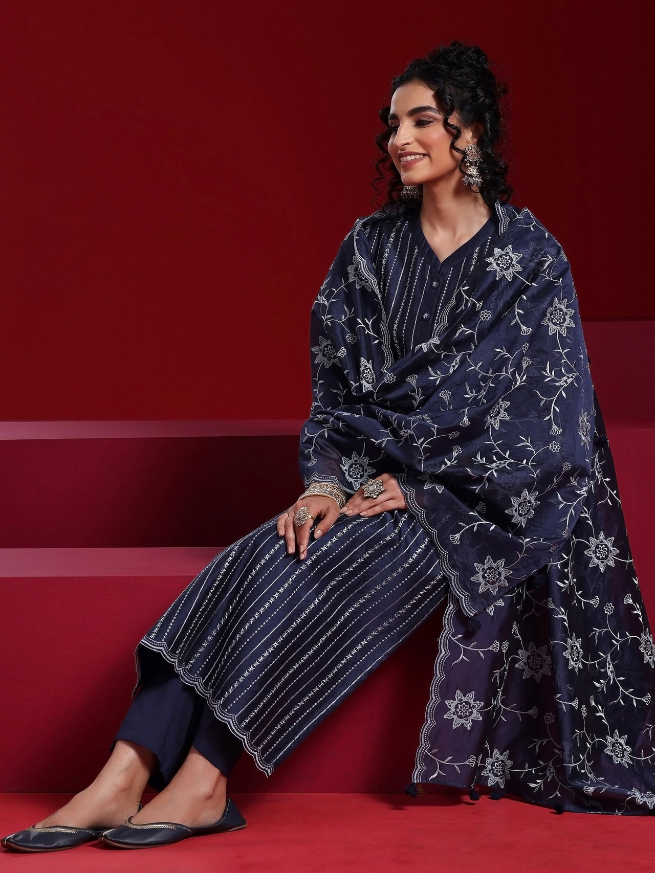 Libas Art Blue Embroidered Chanderi Silk Straight Suit with Dupatta